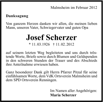 Traueranzeige von Josef Scherzer von Stuttgarter Zeitung / Stuttgarter Nachrichten