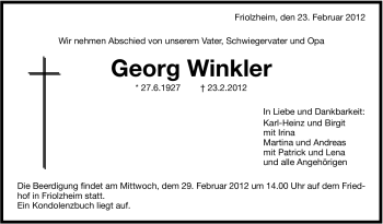 Traueranzeige von Georg Winkler von Leonberger Kreiszeitung / Strohgäu Extra