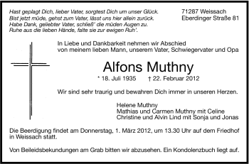 Traueranzeige von Alfons Muthny von Leonberger Kreiszeitung / Strohgäu Extra