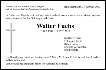 Traueranzeige von Walter Fuchs von Leonberger Kreiszeitung / Strohgäu Extra