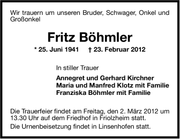 Traueranzeige von Fritz Böhmler von Leonberger Kreiszeitung / Strohgäu Extra