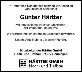 Traueranzeige von Günter Härtter von Leonberger Kreiszeitung / Strohgäu Extra