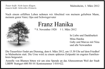 Traueranzeige von Franz Hanika von Stuttgarter Zeitung / Stuttgarter Nachrichten