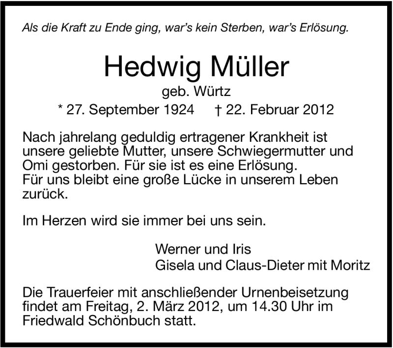  Traueranzeige für Hedwig Müller vom 28.02.2012 aus Stuttgarter Zeitung / Stuttgarter Nachrichten