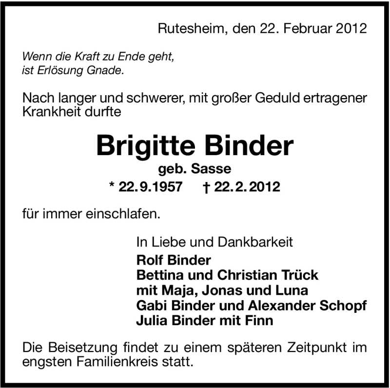  Traueranzeige für Brigitte Binder vom 28.02.2012 aus Leonberger Kreiszeitung / Strohgäu Extra