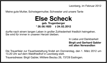 Traueranzeige von Else Scheck von Stuttgarter Zeitung / Stuttgarter Nachrichten