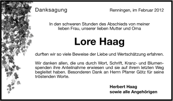 Traueranzeige von Lore Haag von Leonberger Kreiszeitung / Strohgäu Extra