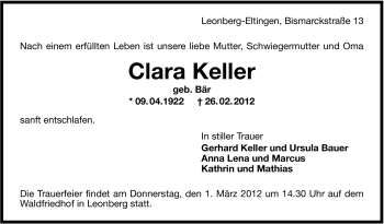 Traueranzeige von Clara Keller von Leonberger Kreiszeitung / Strohgäu Extra