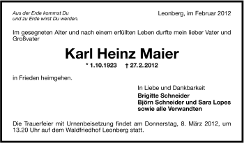 Traueranzeige von Karl Heinz Maier von Leonberger Kreiszeitung / Strohgäu Extra