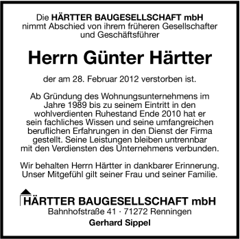 Traueranzeige von Günter Härtter von Stuttgarter Zeitung / Stuttgarter Nachrichten