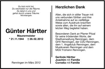 Traueranzeige von Günter Härtter von Stuttgarter Zeitung / Stuttgarter Nachrichten