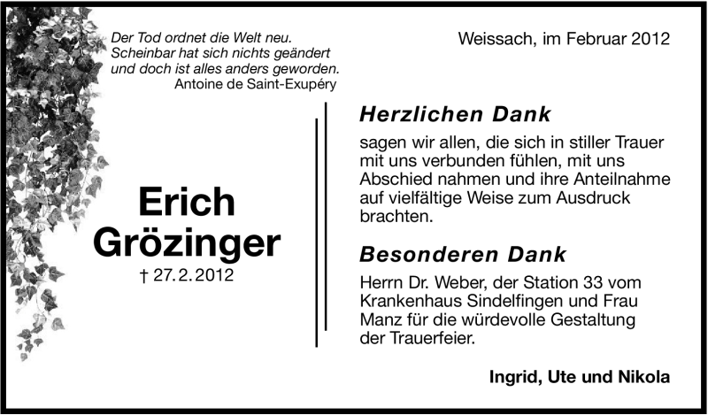  Traueranzeige für Erich Grözinger vom 16.03.2012 aus Leonberger Kreiszeitung / Strohgäu Extra