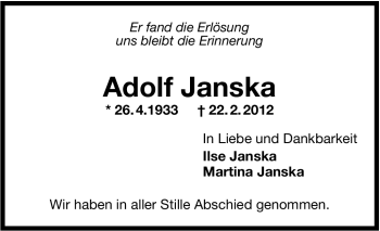 Traueranzeige von Adolf Janska von Stuttgarter Zeitung / Stuttgarter Nachrichten