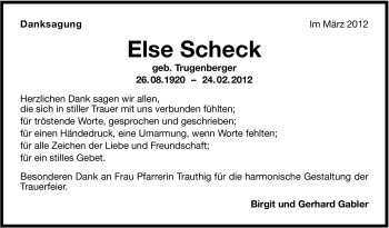 Traueranzeige von Else Scheck von Stuttgarter Zeitung / Stuttgarter Nachrichten