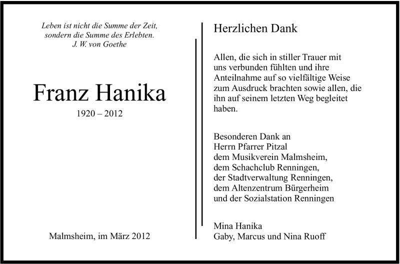  Traueranzeige für Franz Hanika vom 21.03.2012 aus Stuttgarter Zeitung / Stuttgarter Nachrichten