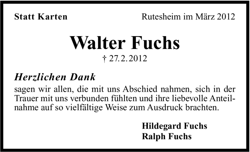  Traueranzeige für Walter Fuchs vom 05.04.2012 aus Leonberger Kreiszeitung / Strohgäu Extra