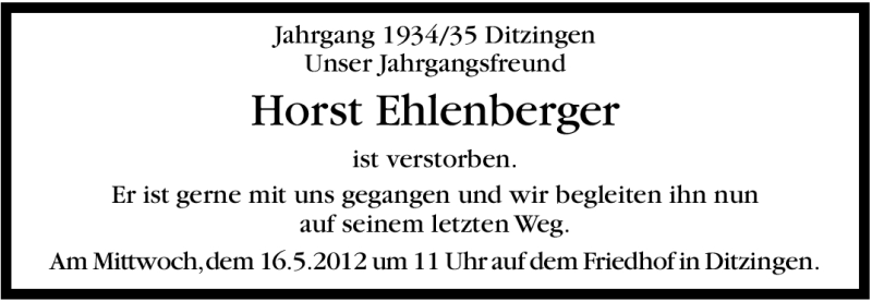  Traueranzeige für Horst Ehlenberger vom 12.05.2012 aus Leonberger Kreiszeitung / Strohgäu Extra