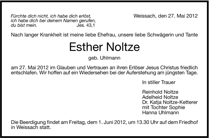  Traueranzeige für Esther Noltze vom 30.05.2012 aus Leonberger Kreiszeitung / Strohgäu Extra