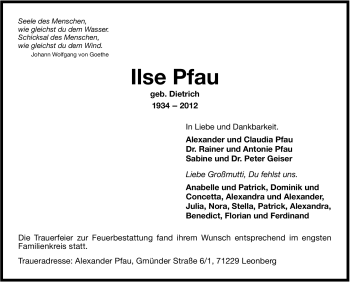 Traueranzeige von Ilse Pfau von Leonberger Kreiszeitung / Strohgäu Extra