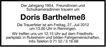 Traueranzeige von Doris Barthelmeß von Leonberger Kreiszeitung / Strohgäu Extra