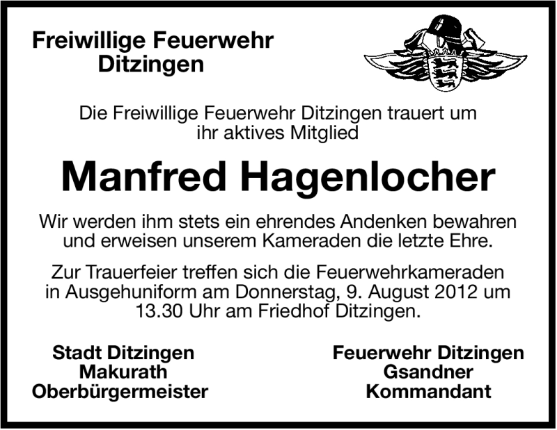  Traueranzeige für Manfred Hagenlocher vom 07.08.2012 aus Leonberger Kreiszeitung / Strohgäu Extra