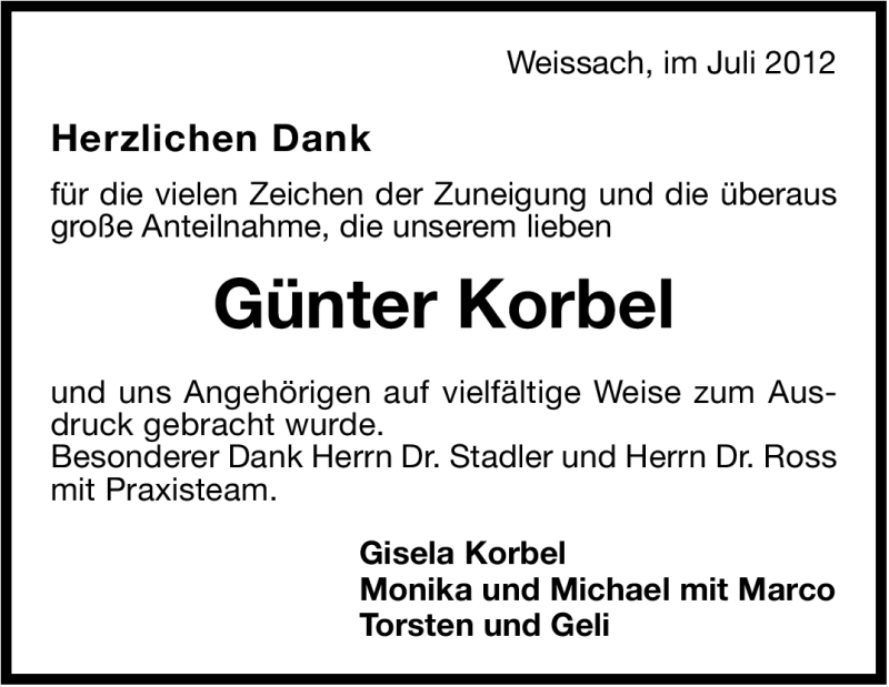  Traueranzeige für Günter Korbel vom 18.08.2012 aus Leonberger Kreiszeitung / Strohgäu Extra