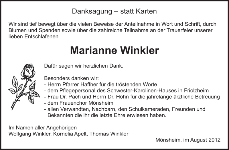  Traueranzeige für Marianne Winkler vom 01.09.2012 aus Leonberger Kreiszeitung / Strohgäu Extra