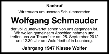 Traueranzeige von Wolfgang Schmauder von Leonberger Kreiszeitung / Strohgäu Extra
