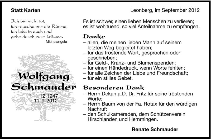  Traueranzeige für Wolfgang Schmauder vom 06.10.2012 aus Leonberger Kreiszeitung / Strohgäu Extra