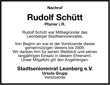 Traueranzeige von Rudolf Schütt von Leonberger Kreiszeitung / Strohgäu Extra