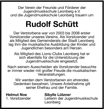 Traueranzeige von Rudolf Schütt von Leonberger Kreiszeitung / Strohgäu Extra