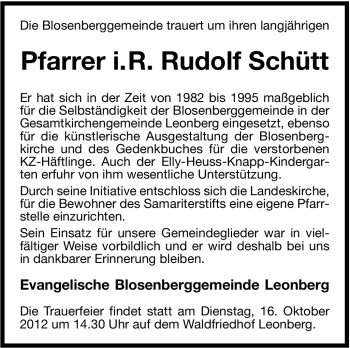 Traueranzeige von Rudolf Schütt von Leonberger Kreiszeitung / Strohgäu Extra