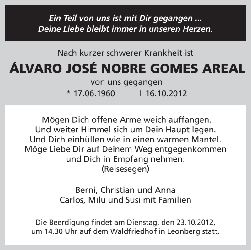  Traueranzeige für Álvaro José Nobre Gomes Areal vom 20.10.2012 aus Leonberger Kreiszeitung / Strohgäu Extra