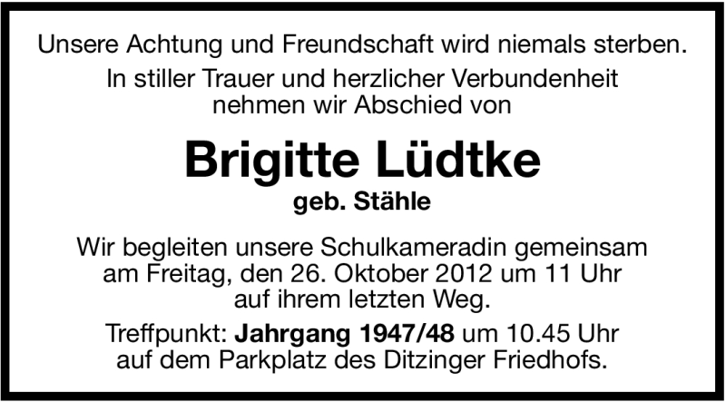  Traueranzeige für Brigitte Lüdtke vom 24.10.2012 aus Leonberger Kreiszeitung / Strohgäu Extra