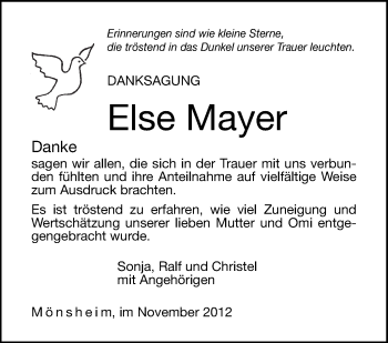 Traueranzeige von Else Mayer von Leonberger Kreiszeitung / Strohgäu Extra