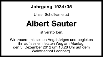 Traueranzeige von Albert Sauter von Leonberger Kreiszeitung / Strohgäu Extra