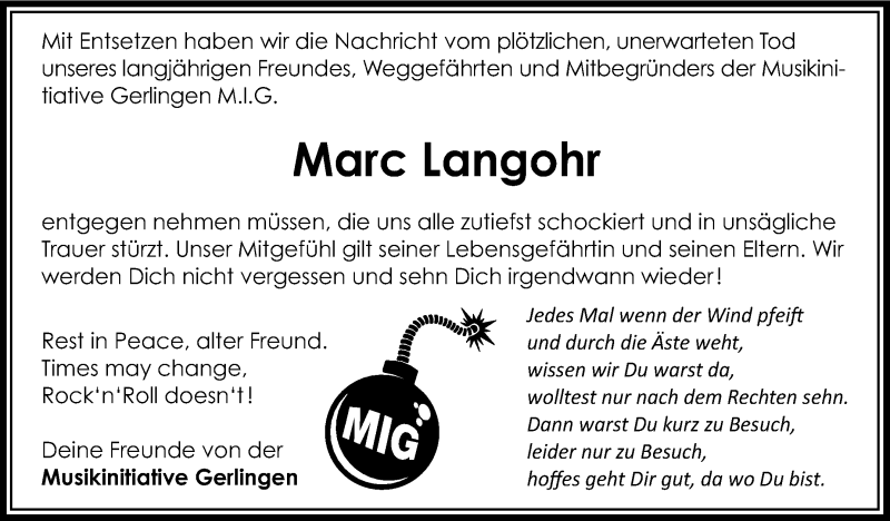  Traueranzeige für Marc Langohr vom 13.12.2012 aus Stuttgarter Zeitung / Stuttgarter Nachrichten