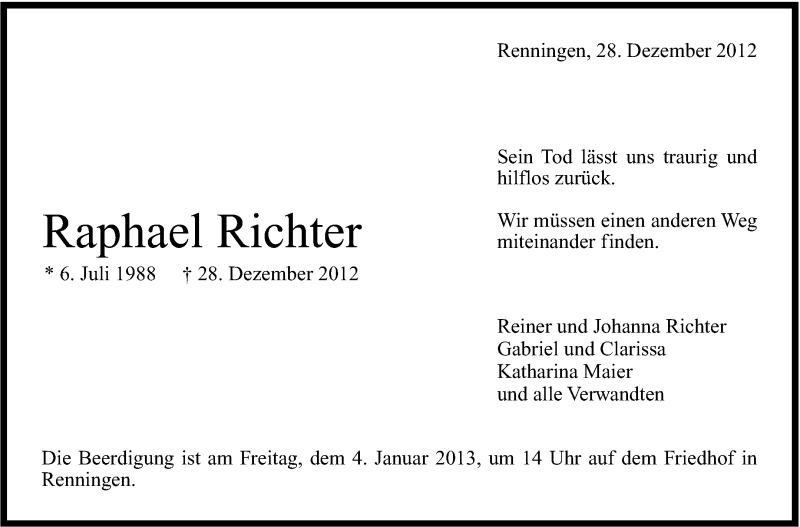  Traueranzeige für Raphael Richter vom 03.01.2013 aus Stuttgarter Zeitung / Stuttgarter Nachrichten