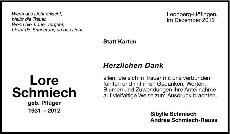  Traueranzeige für Lore Schmiech vom 10.01.2013 aus Leonberger Kreiszeitung / Strohgäu Extra