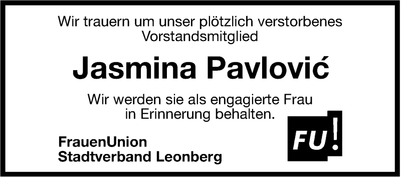  Traueranzeige für Jasmina Pavlovic vom 25.01.2013 aus Stuttgarter Zeitung / Stuttgarter Nachrichten