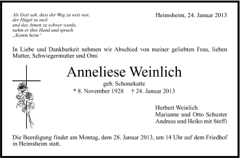 Traueranzeige von Anneliese Weinlich von Stuttgarter Zeitung / Stuttgarter Nachrichten