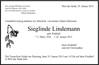 Traueranzeige von Sieglinde Lindemann von Stuttgarter Zeitung / Stuttgarter Nachrichten