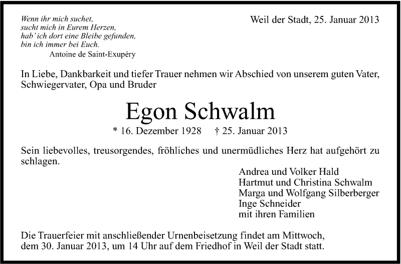  Traueranzeige für Egon Schwalm vom 26.01.2013 aus Stuttgarter Zeitung / Stuttgarter Nachrichten