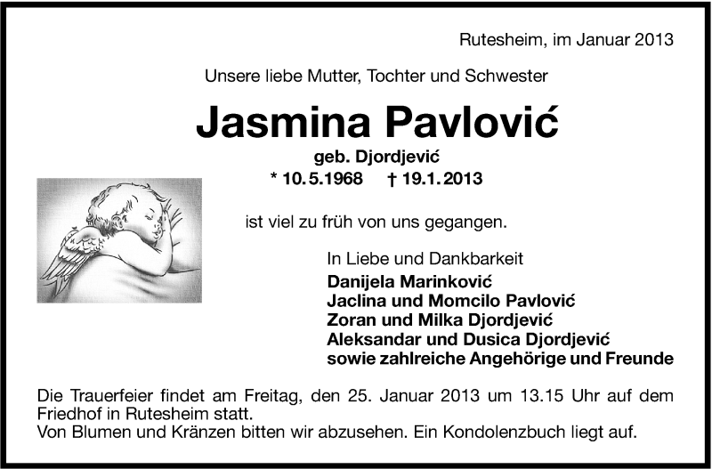  Traueranzeige für Jasmina Pavlovic vom 24.01.2013 aus Stuttgarter Zeitung / Stuttgarter Nachrichten