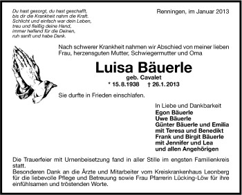 Traueranzeige von Luisa Bäuerle von Leonberger Kreiszeitung / Strohgäu Extra