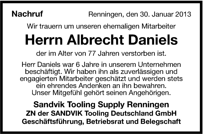  Traueranzeige für Albrecht Daniels vom 30.01.2013 aus Leonberger Kreiszeitung / Strohgäu Extra