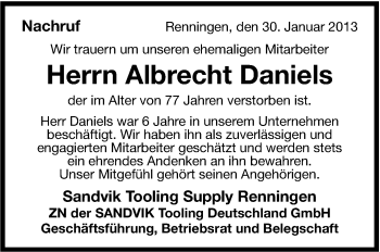 Traueranzeige von Albrecht Daniels von Leonberger Kreiszeitung / Strohgäu Extra