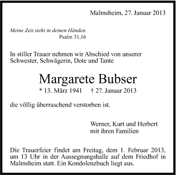 Traueranzeige von Margarete Bubser von Stuttgarter Zeitung / Stuttgarter Nachrichten