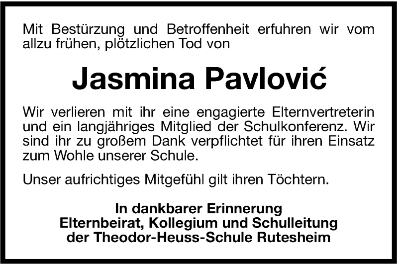  Traueranzeige für Jasmina Pavlovic vom 30.01.2013 aus Stuttgarter Zeitung / Stuttgarter Nachrichten