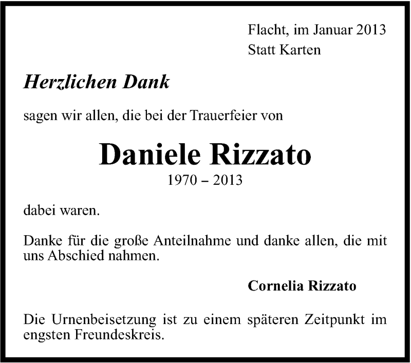  Traueranzeige für Daniele Rizzato vom 31.01.2013 aus Stuttgarter Zeitung / Stuttgarter Nachrichten